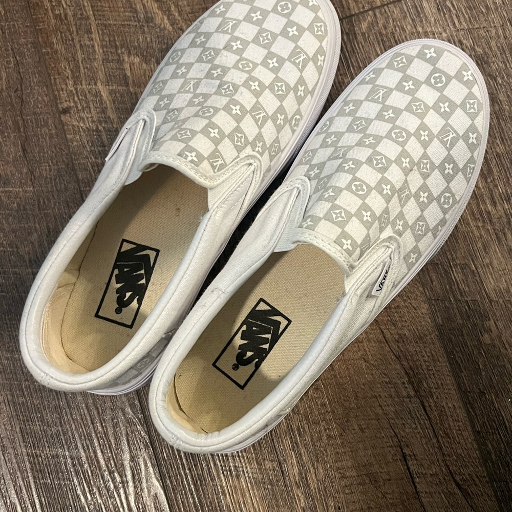 Vans White and Gray Slip-On Sneakers - Cute LV Design - 8.5 Women’s - GUC - Picture 2 of 4